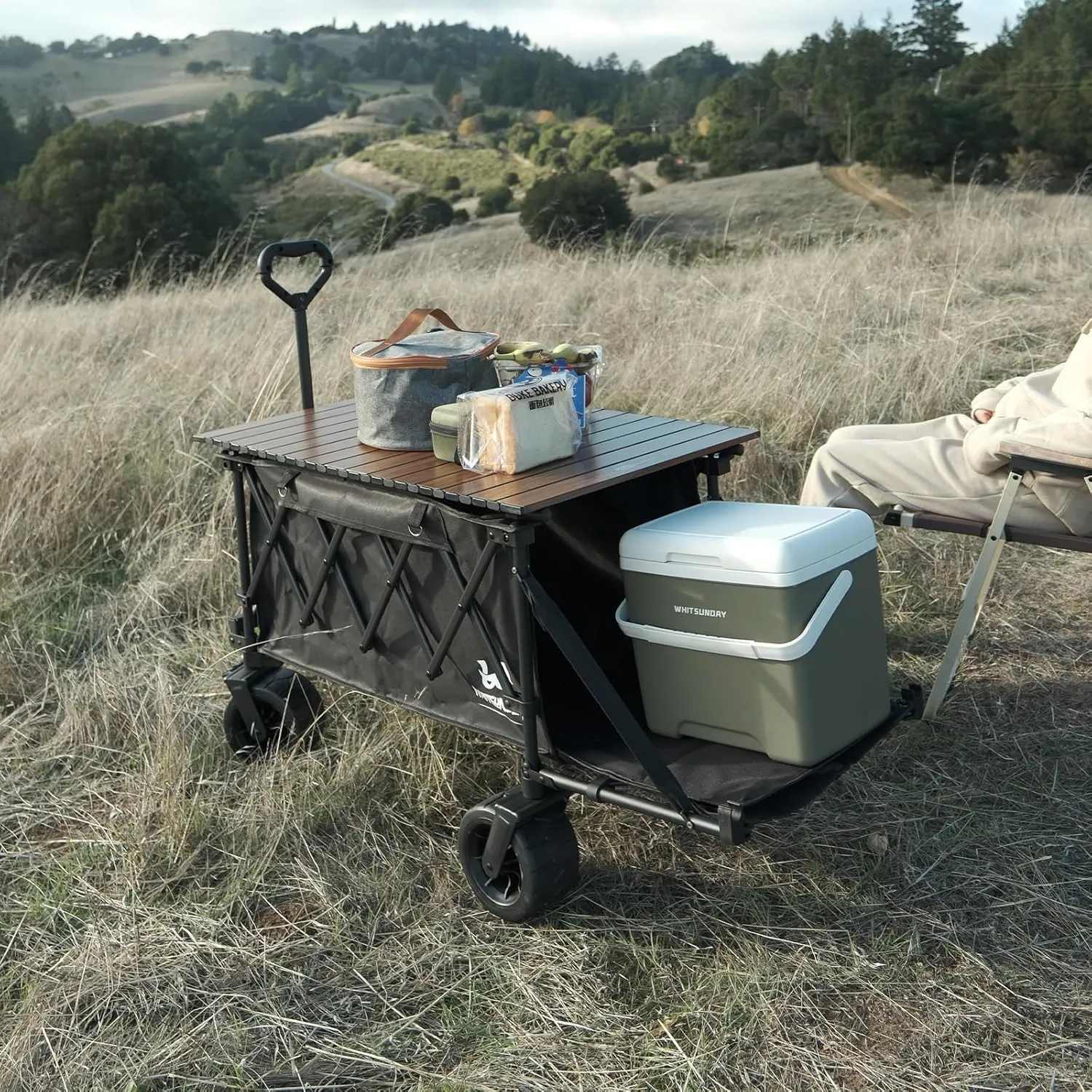 Whitsunday Collapsible Folding Wagon with Table,Heavy Duty Utility Beach Wagons with Opened Tailgate and All-Terrain Wheels for Camping,Garden,Sports Beige