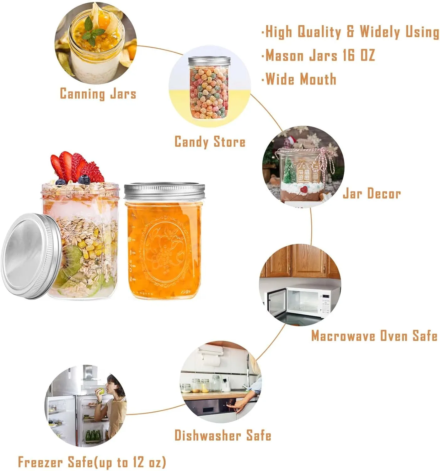 Wide Mouth Mason Jars 16 oz with Lids [6 Pack], Canning Jars with Metal Airtight Lids and Bands, 16 oz Glass Jars for Fermenting, Pickling, Freezing, Preserving, Meal Prep, Jar Décor