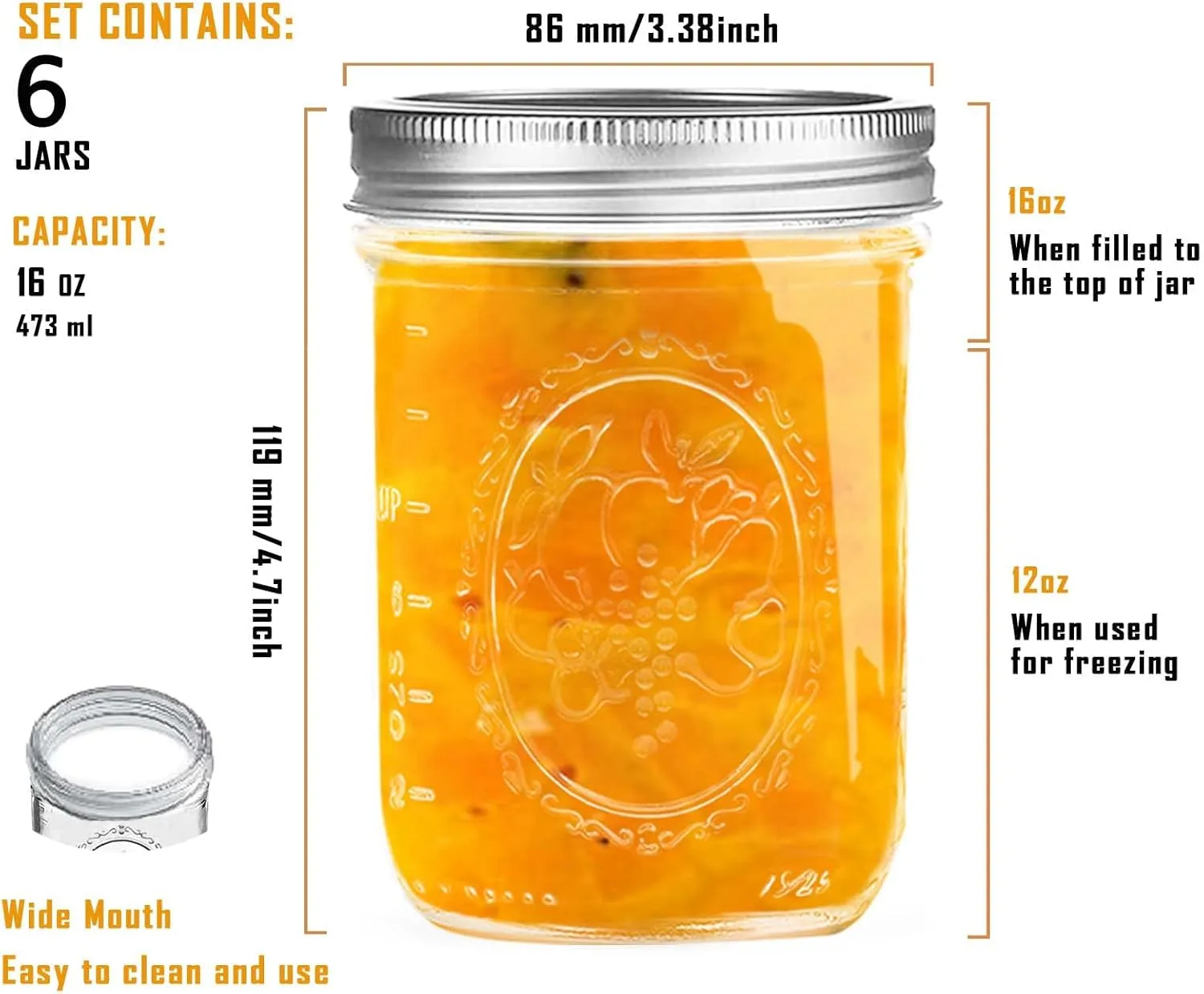 Wide Mouth Mason Jars 16 oz with Lids [6 Pack], Canning Jars with Metal Airtight Lids and Bands, 16 oz Glass Jars for Fermenting, Pickling, Freezing, Preserving, Meal Prep, Jar Décor