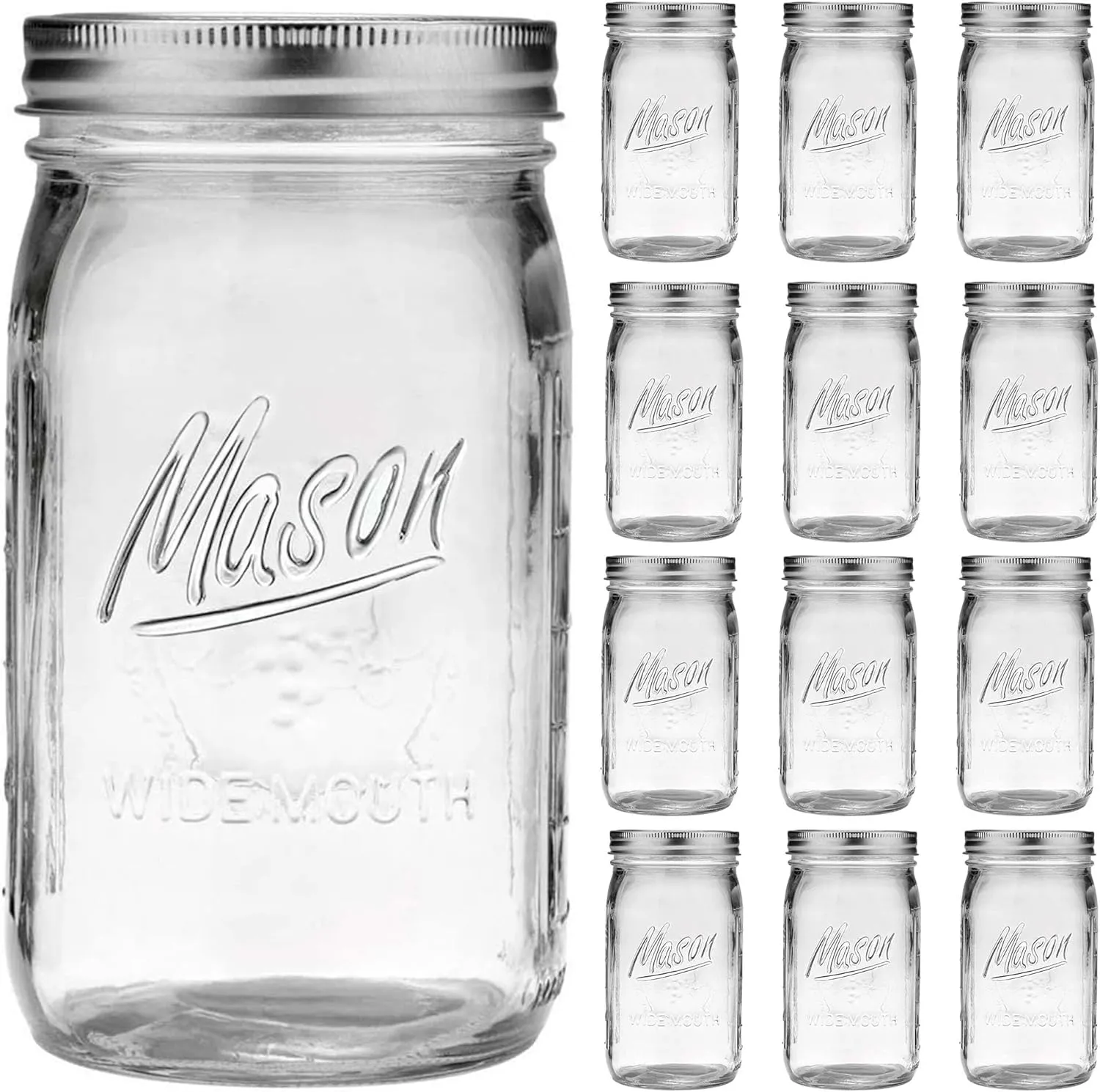 Wide Mouth Mason Jars - 32 oz, 12 Pack Large Glass Jars with Airtight Lids, 1 Quart for Pickling, Canning, Fermenting and Food Storage, Microwave & Dishwasher Safe