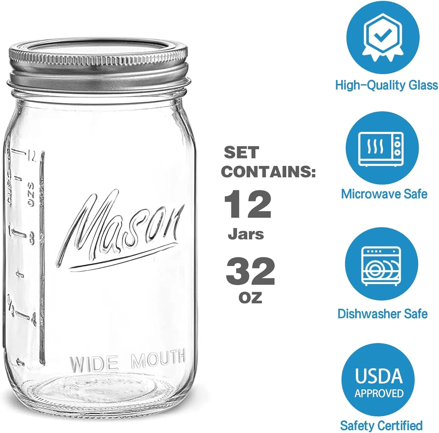 Wide Mouth Mason Jars - 32 oz, 12 Pack Large Glass Jars with Airtight Lids, 1 Quart for Pickling, Canning, Fermenting and Food Storage, Microwave & Dishwasher Safe