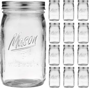 Wide Mouth Mason Jars - 32 oz, 12 Pack Large Glass Jars with Airtight Lids, 1 Quart for Pickling, Canning, Fermenting and Food Storage, Microwave & Dishwasher Safe