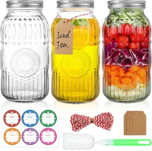Wide Mouth Mason Jars 64 oz, 3 Pack Large Half Gallon Mason Jars with Airtight Lids and Bands, Clear Glass Canning Jars for Preserving, Pickling, Canning, Meal Prep & DIY Crafts (Sunflower)