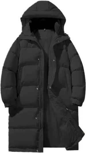 Winter Coat for Men Water Resistant Puffy Insulated Long Hooded Puffer Jacket Thicken Warm Zip Up Puffer with Pockets