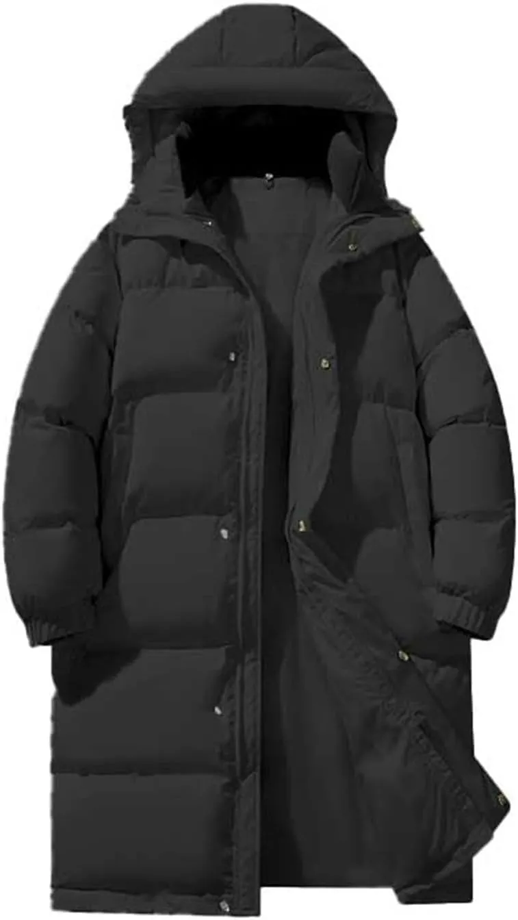 Winter Coat for Men Water Resistant Puffy Insulated Long Hooded Puffer Jacket Thicken Warm Zip Up Puffer with Pockets