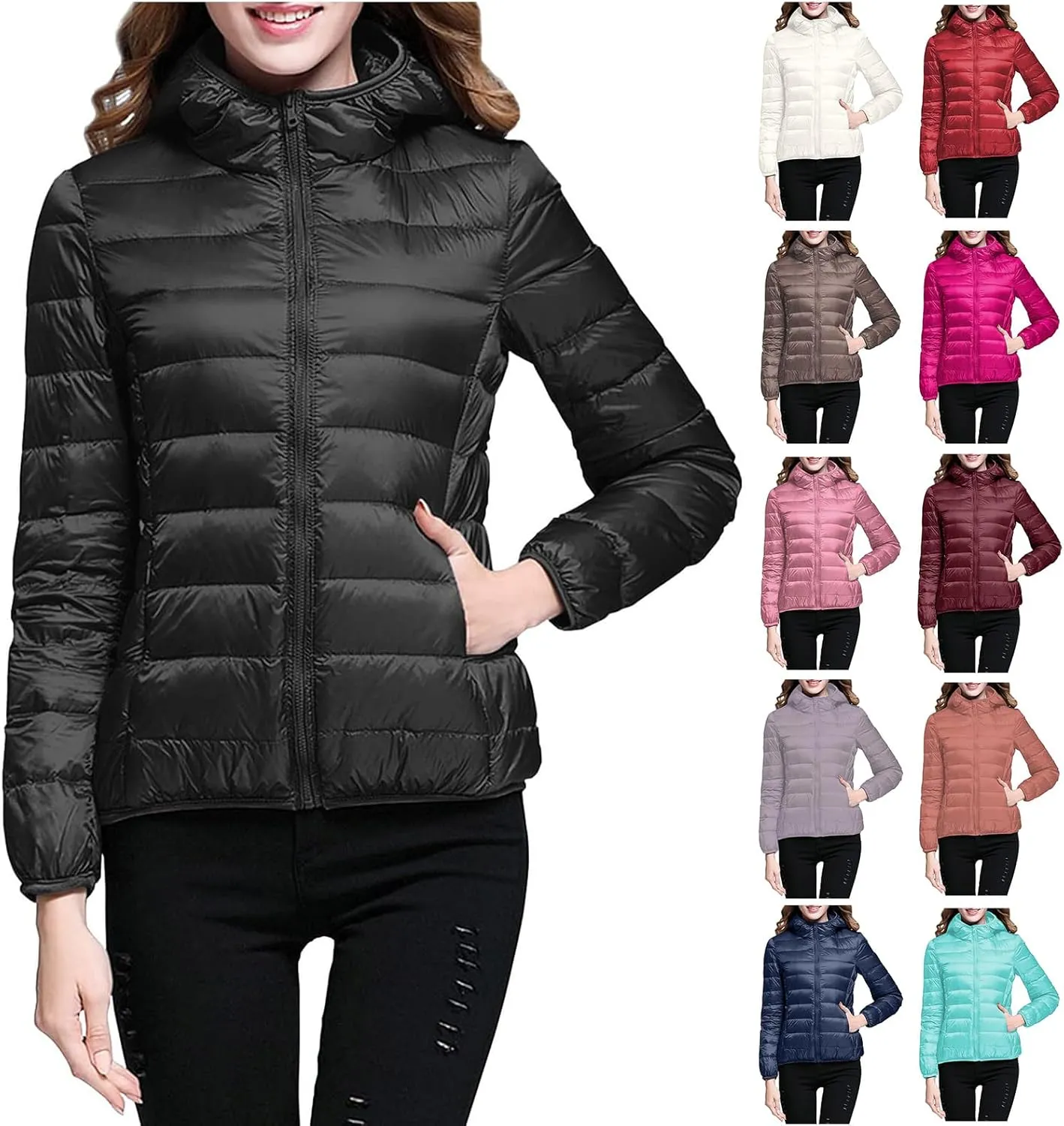 Winter Puffer Coats for Women Womens Lightweight Puffy Jacket Packable Hooded Down Coat Winter Zip Up Outerwear Pocket