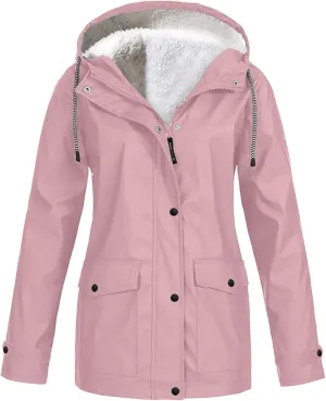 Winter Rain Coats for Women Waterproof Plus Size Hooded Rain Jackets Thicken Fleece Warm Raincoats with Pockets