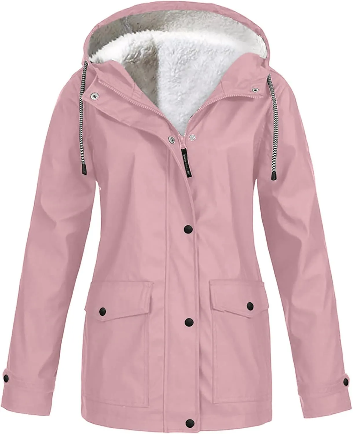 Winter Rain Coats for Women Waterproof Plus Size Hooded Rain Jackets Thicken Fleece Warm Raincoats with Pockets