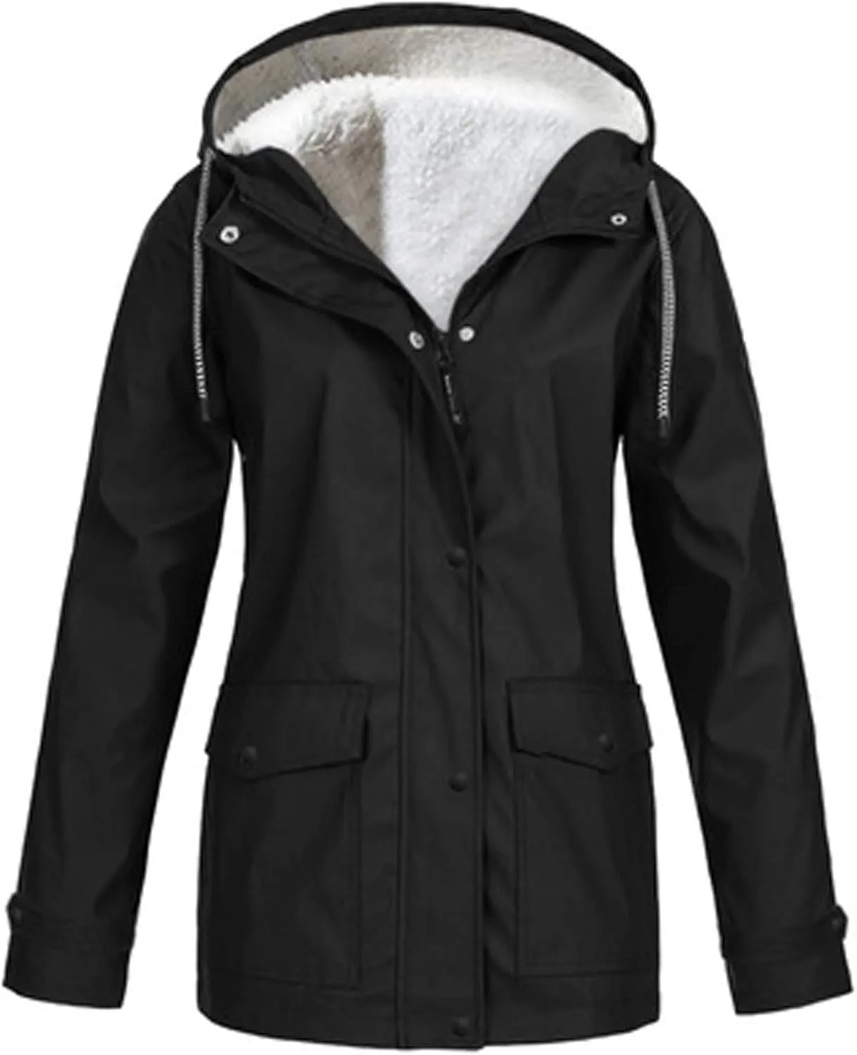 Winter Rain Coats for Women Waterproof Plus Size Hooded Rain Jackets Thicken Fleece Warm Raincoats with Pockets