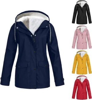 Winter Rain Coats for Women Waterproof Plus Size Hooded Rain Jackets Thicken Fleece Warm Raincoats with Pockets