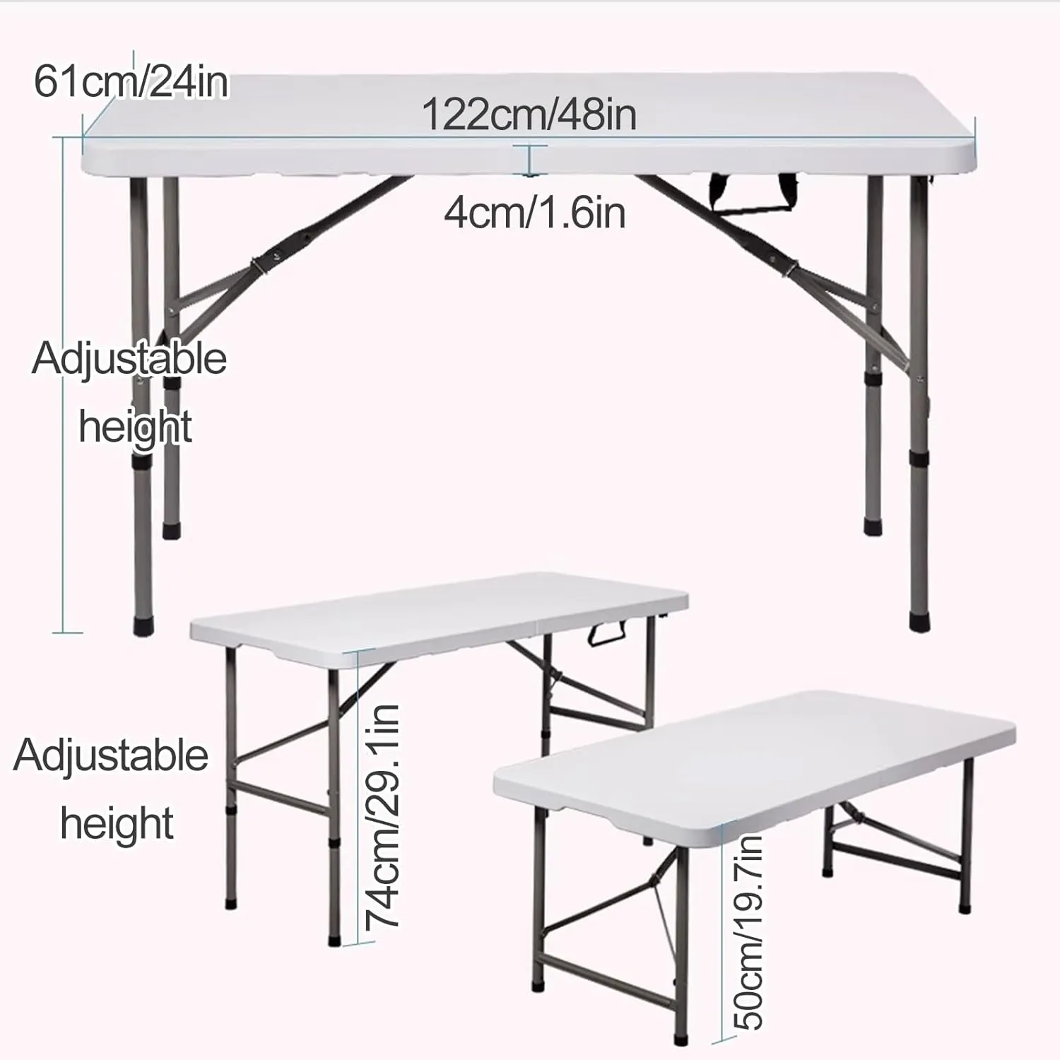 with Height Adjustable, Portable Outdoor Picnic Table Camping Table, Fold in Half Dining Party Table for Backyard Patio Party, BBQ