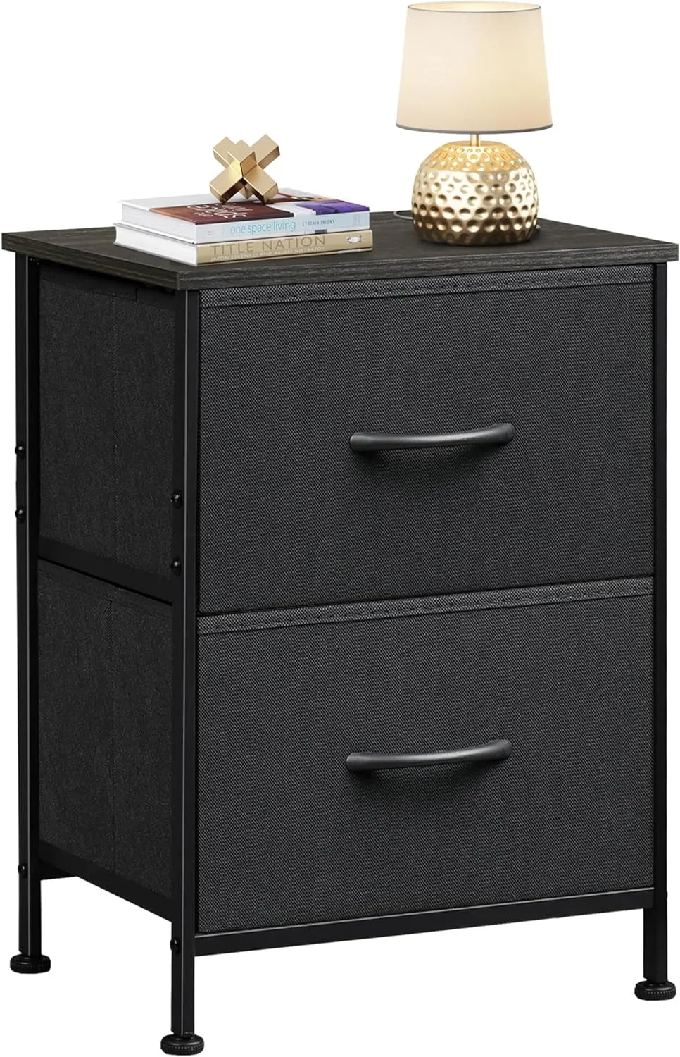 WLIVE Black Nightstand, Small Dresser for Bedroom with 2 Fabric Drawer, Bed Side Table with Drawers, End Table Bedside Furniture, Sturdy Steel Frame, Wood Top, Closet Organizer, College Dorm