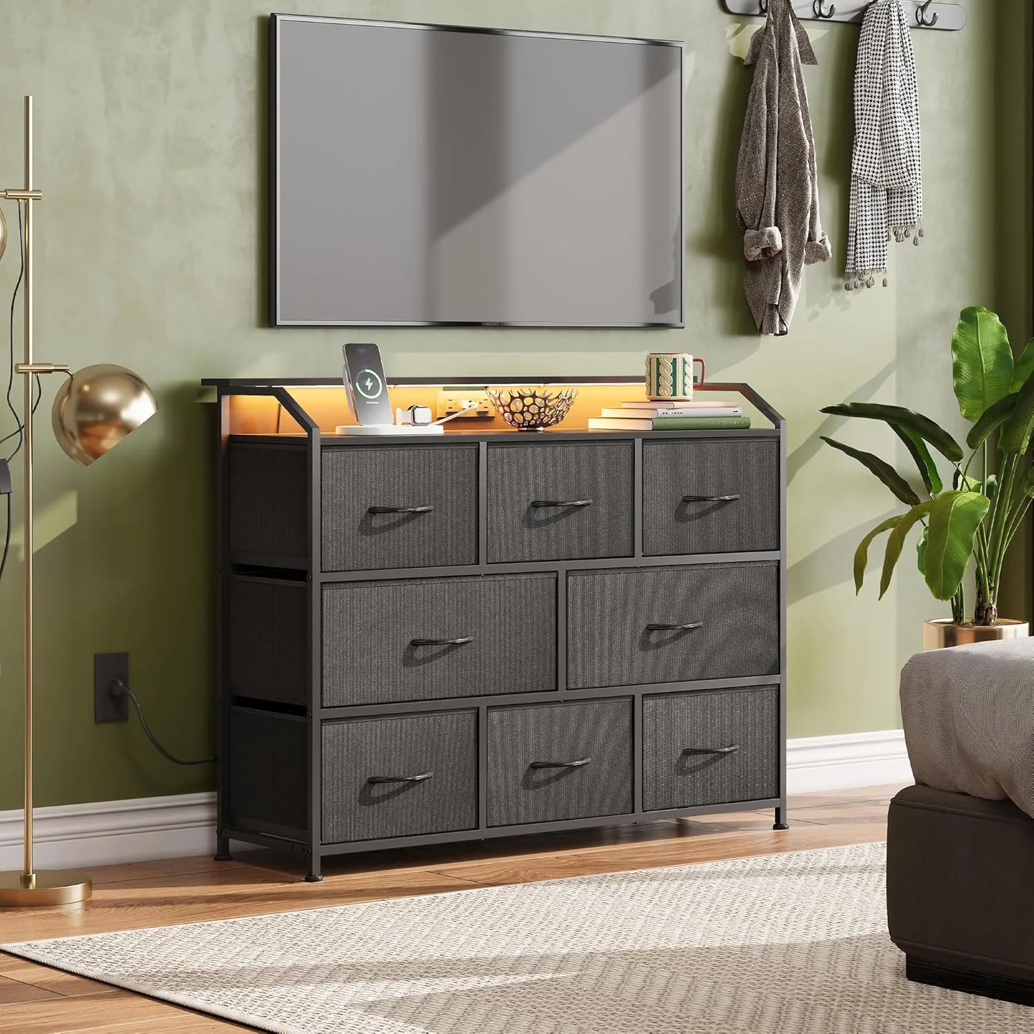 WLIVE Led Dresser for Bedroom, Black Dresser TV Stand for Bedroom with LED Lights and Power Outlet, Wide Chest of Drawers for Hallway, 8 Fabric Drawers for Living Room and Entryway, Easy to Assemble
