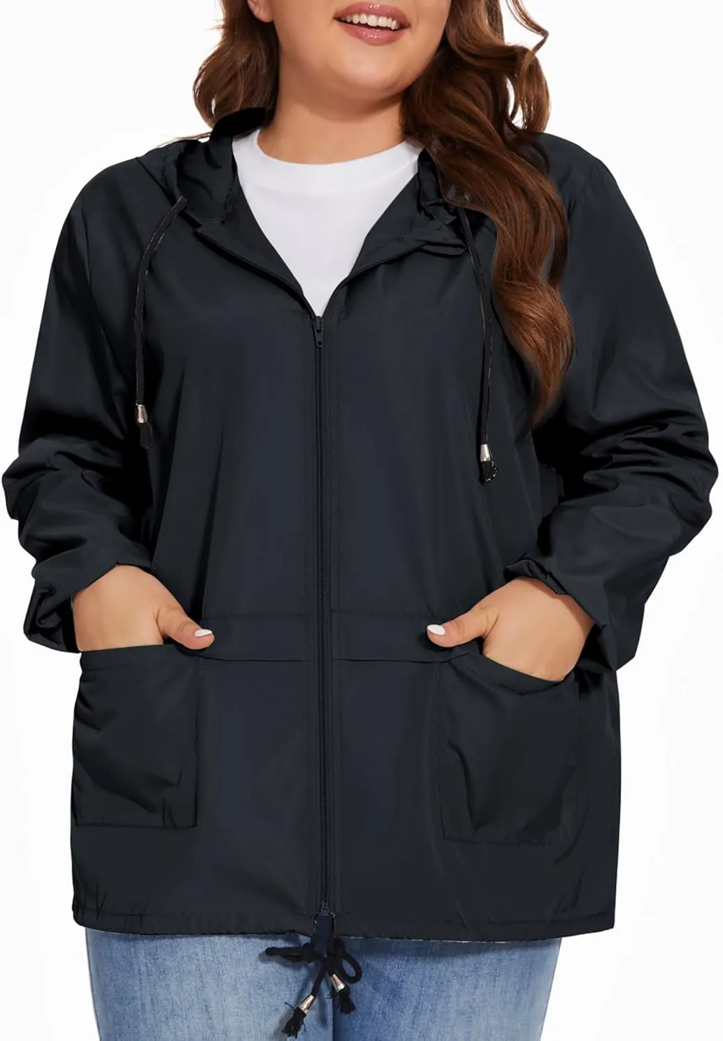 Women Plus Size Raincoat Lightweight Waterproof Windbreaker Packable Outdoor Hooded Rain Jacket