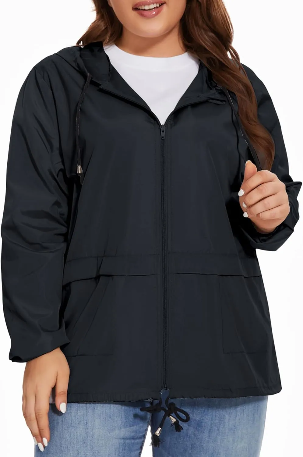 Women Plus Size Raincoat Lightweight Waterproof Windbreaker Packable Outdoor Hooded Rain Jacket