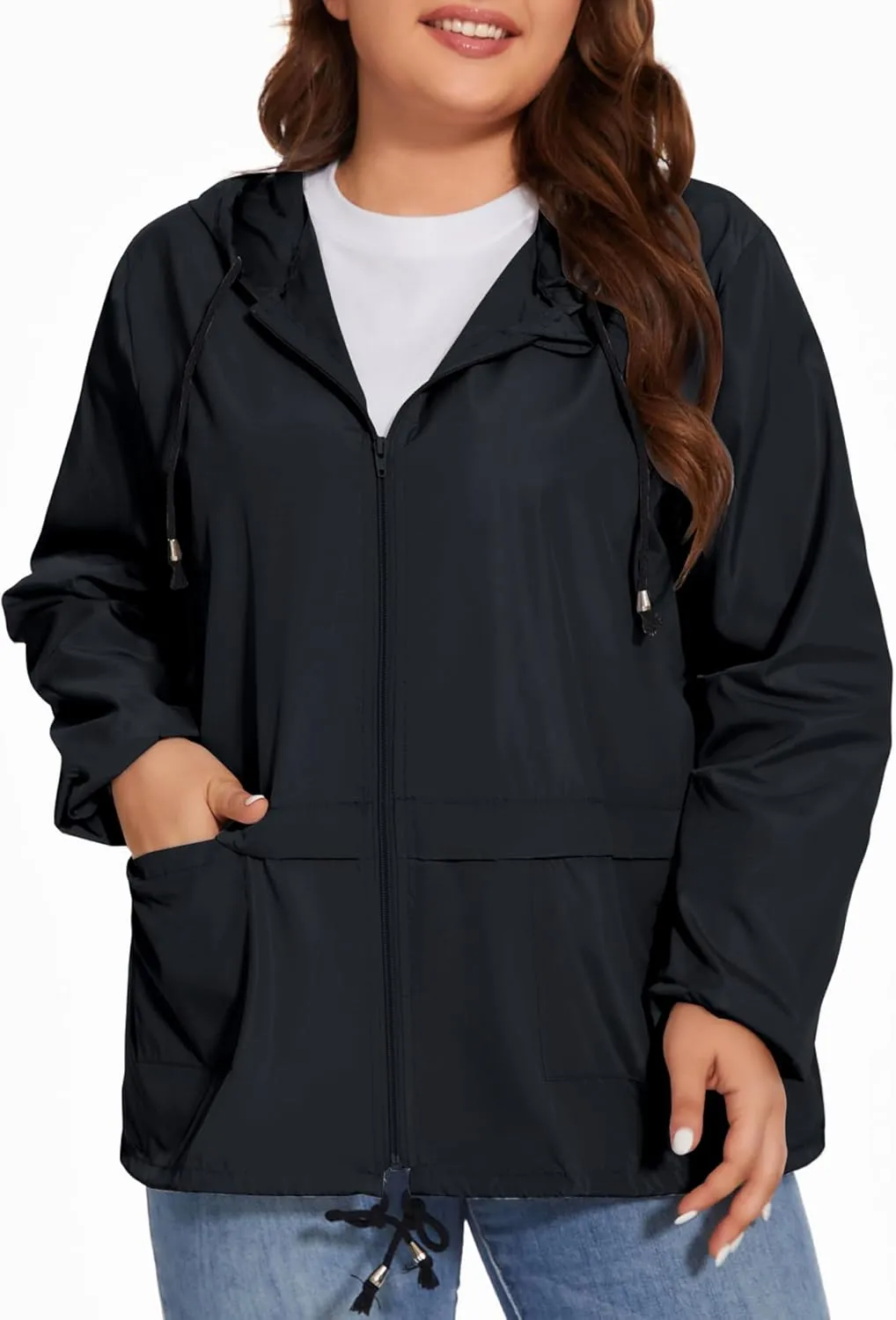 Women Plus Size Raincoat Lightweight Waterproof Windbreaker Packable Outdoor Hooded Rain Jacket