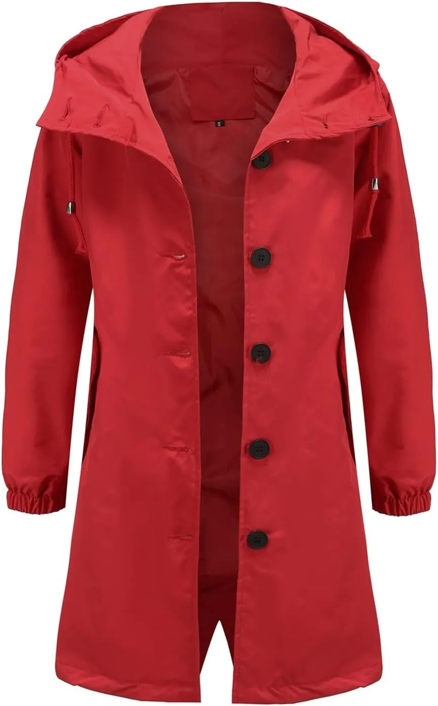 Women Raincoats Hooded with Pockets Waterproof Long Rain Jackets Outdoor Solid Button Down Windbreaker Trench Coats