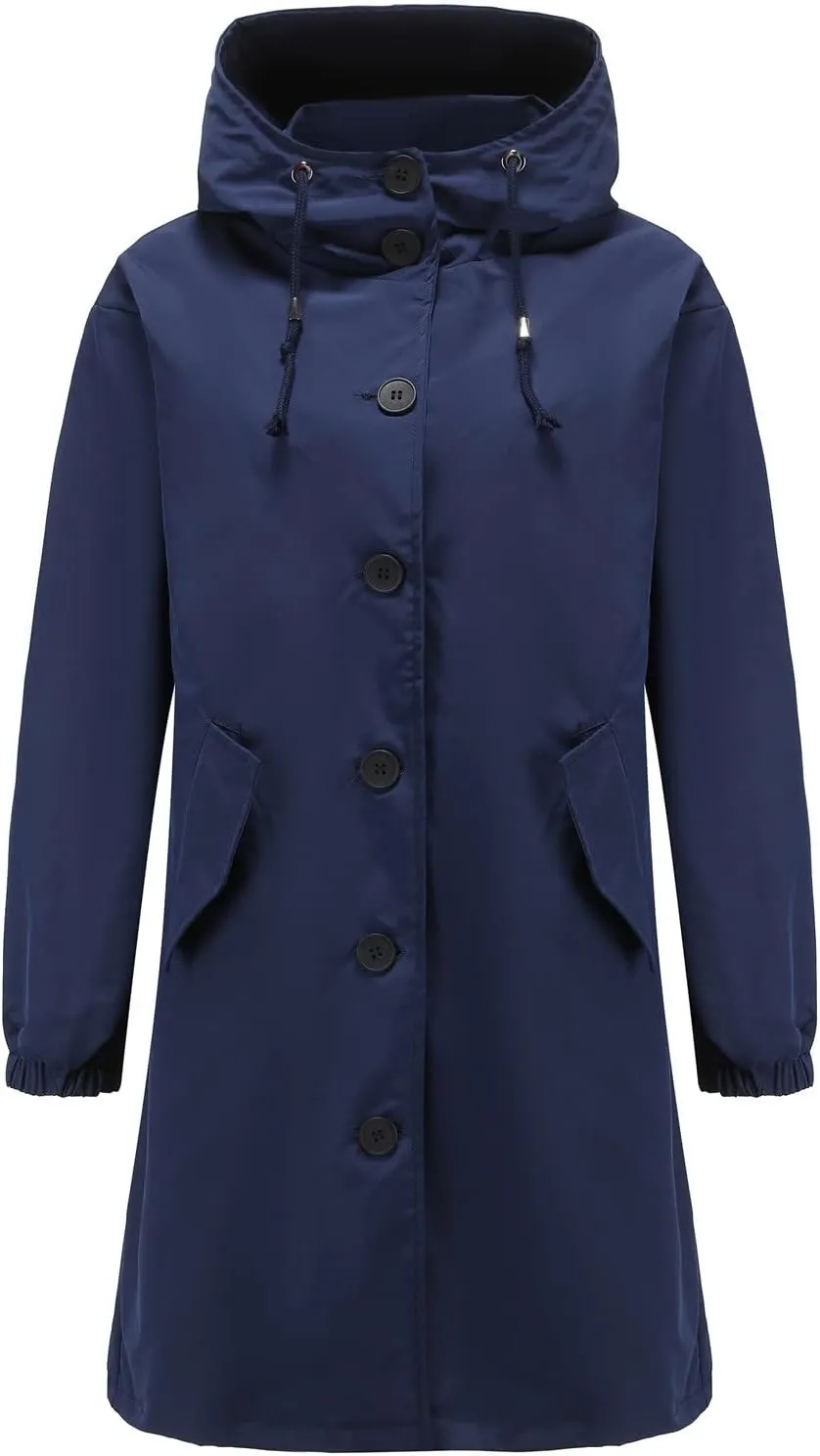 Women Raincoats Hooded with Pockets Waterproof Long Rain Jackets Outdoor Solid Button Down Windbreaker Trench Coats