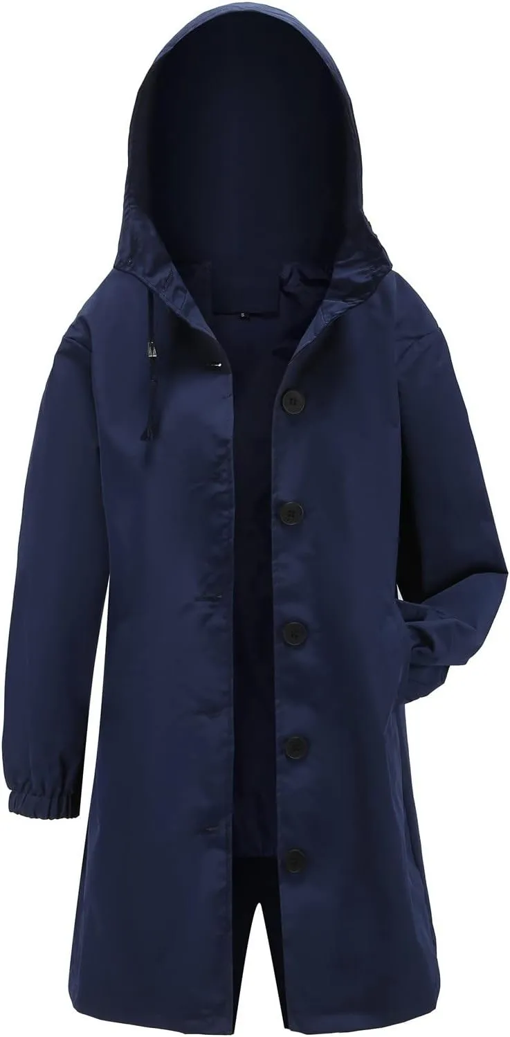 Women Raincoats Hooded with Pockets Waterproof Long Rain Jackets Outdoor Solid Button Down Windbreaker Trench Coats