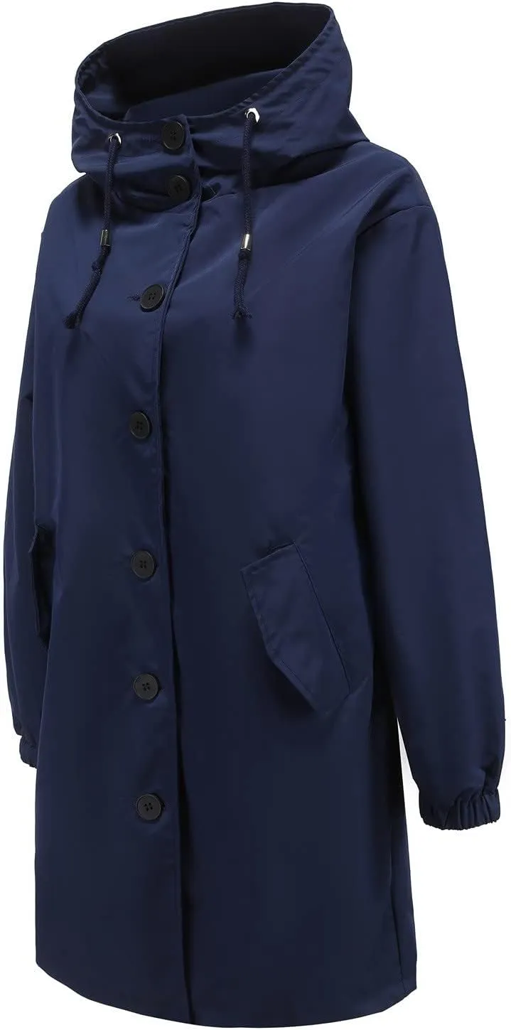 Women Raincoats Hooded with Pockets Waterproof Long Rain Jackets Outdoor Solid Button Down Windbreaker Trench Coats
