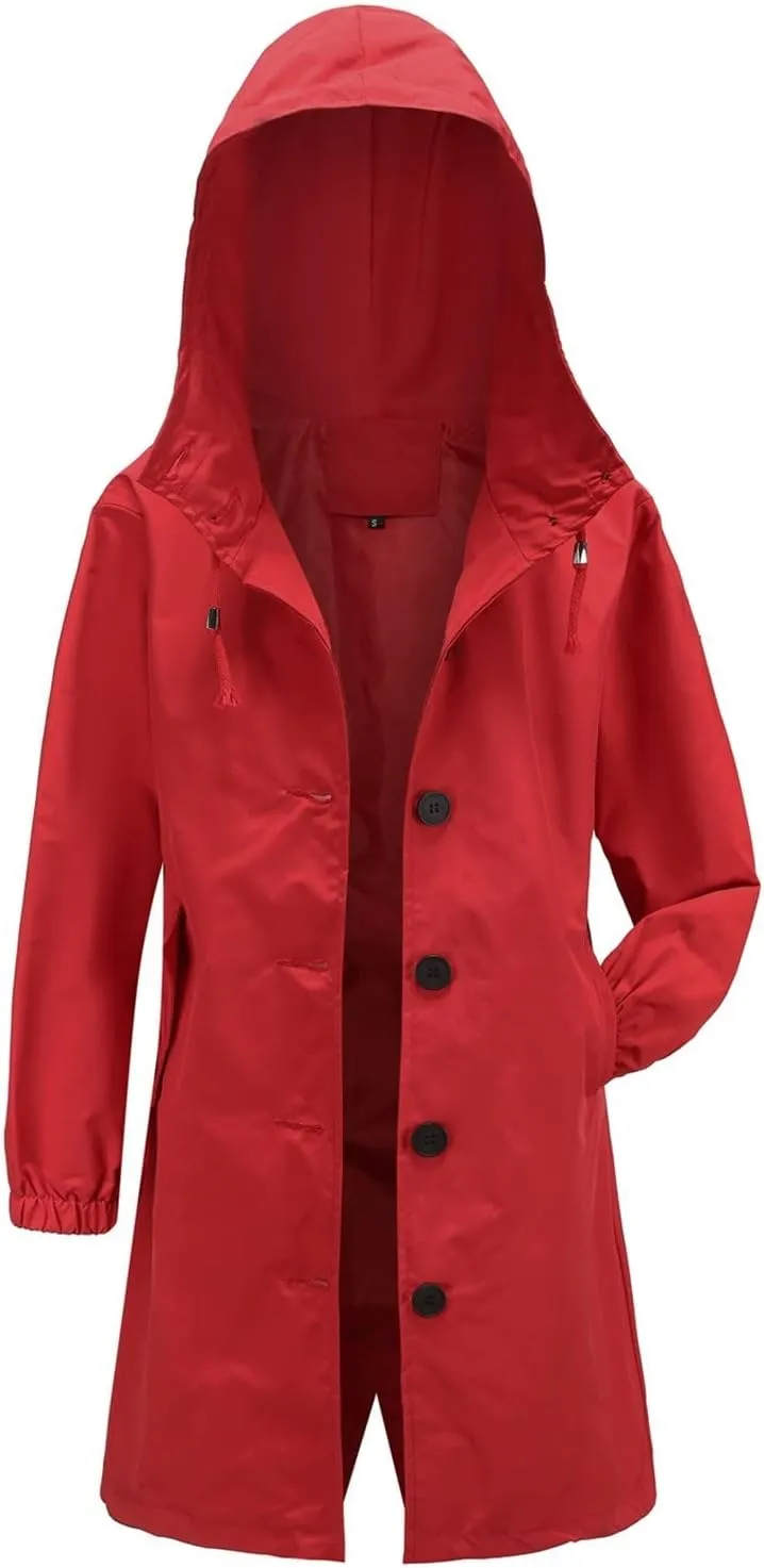 Women Raincoats Hooded with Pockets Waterproof Long Rain Jackets Outdoor Solid Button Down Windbreaker Trench Coats