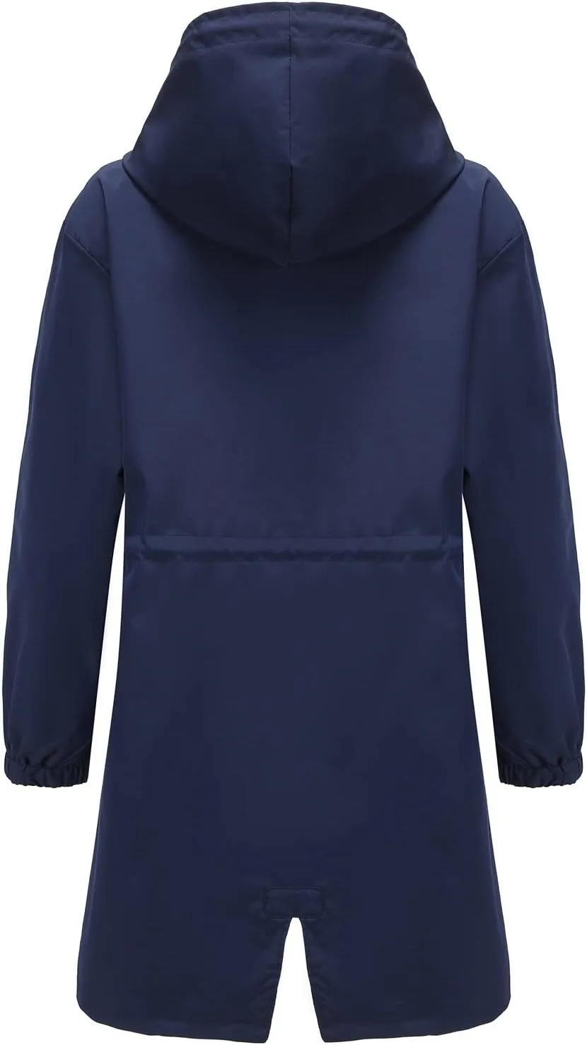 Women Raincoats Hooded with Pockets Waterproof Long Rain Jackets Outdoor Solid Button Down Windbreaker Trench Coats