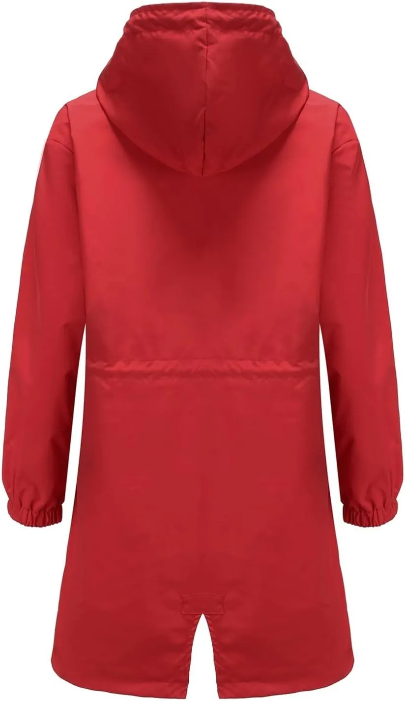 Women Raincoats Hooded with Pockets Waterproof Long Rain Jackets Outdoor Solid Button Down Windbreaker Trench Coats