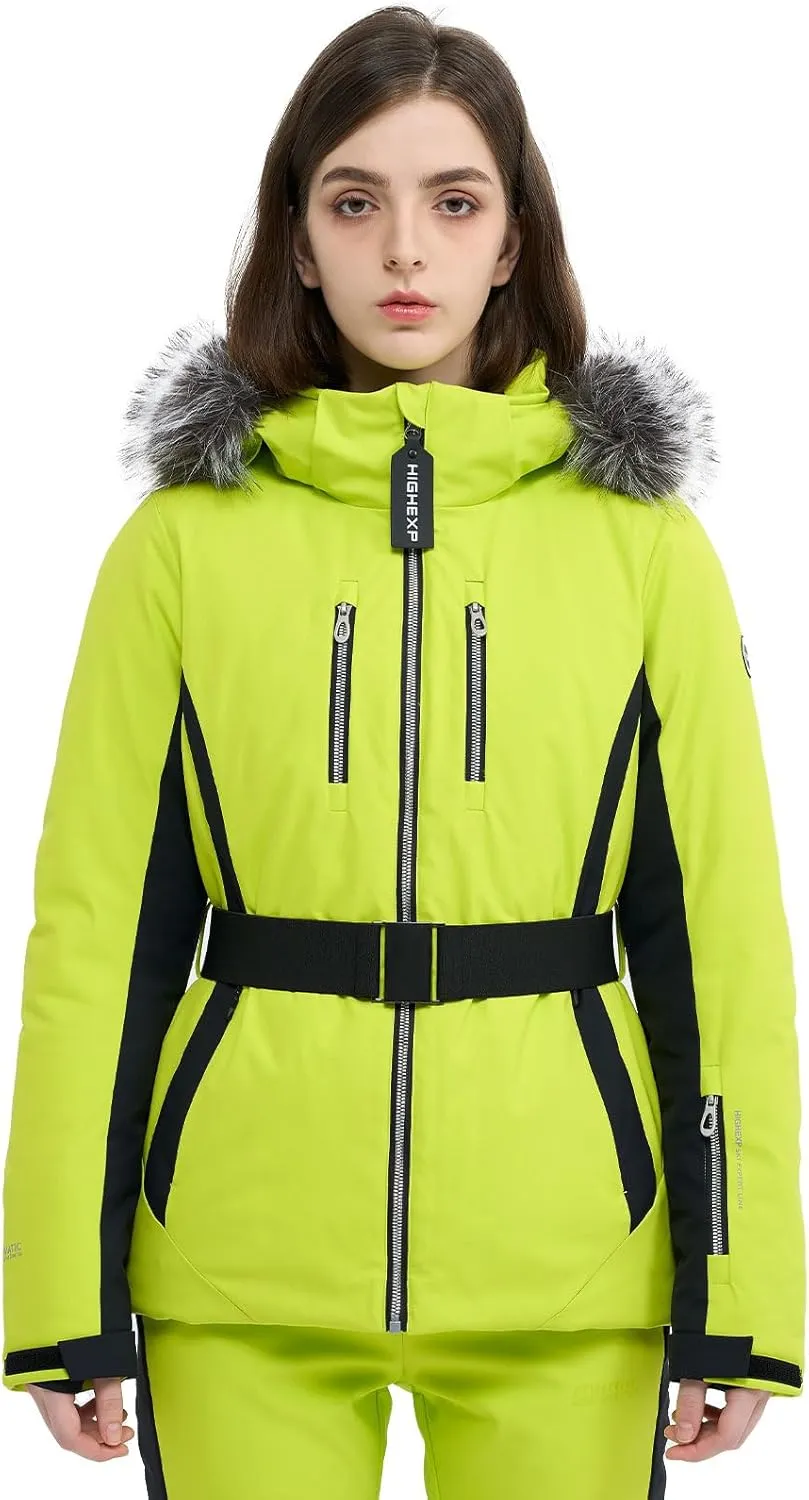 Women Ski Jacket Snowboard Fitted Slim Fit Short Snow Coat Belted Mountain Waterproof Insulated Warm Winter