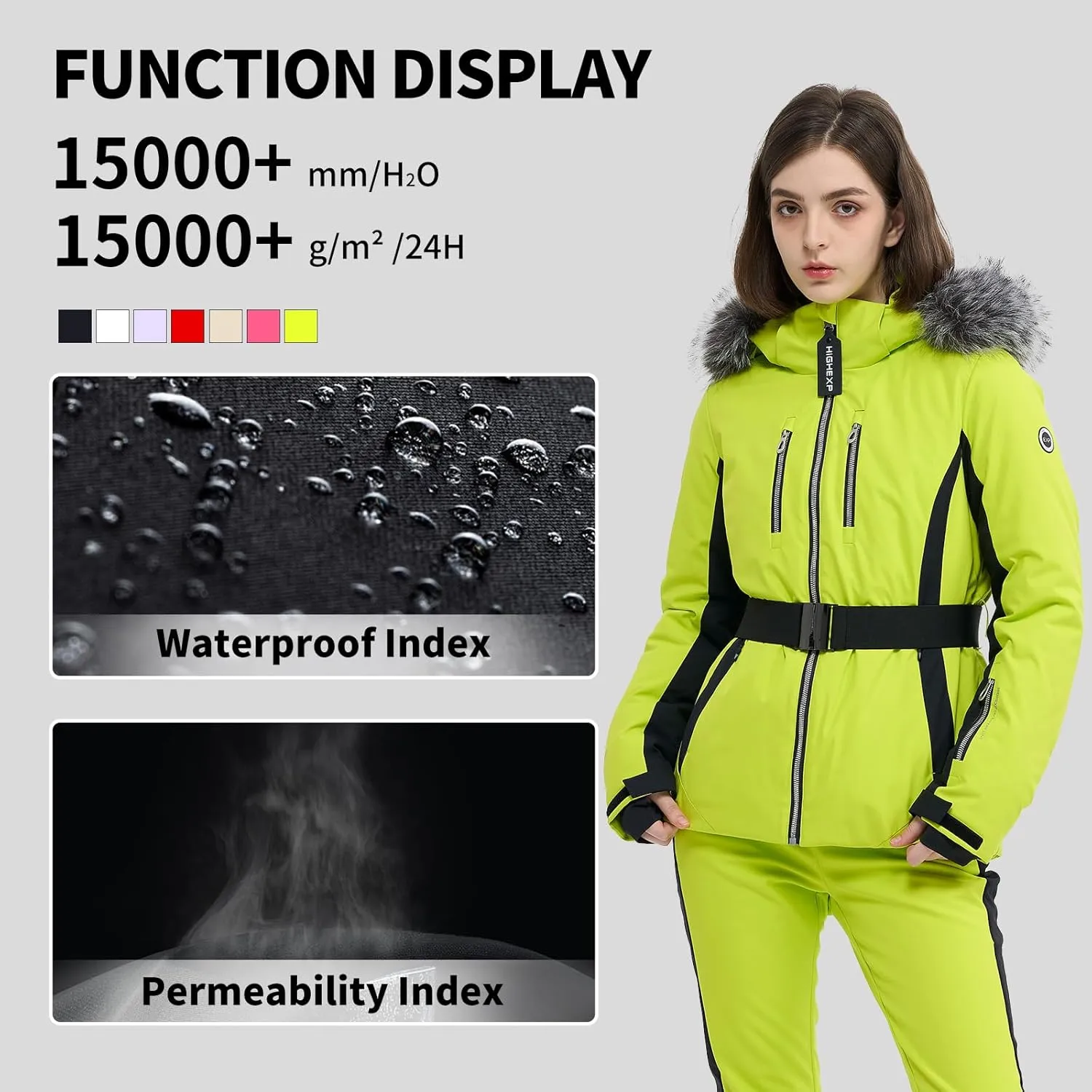 Women Ski Jacket Snowboard Fitted Slim Fit Short Snow Coat Belted Mountain Waterproof Insulated Warm Winter