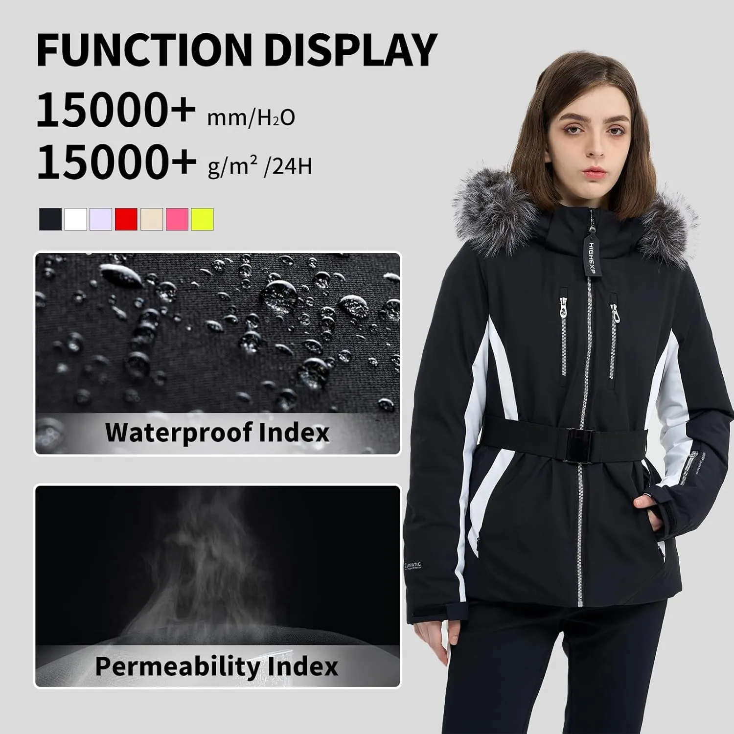 Women Ski Jacket Snowboard Fitted Slim Fit Short Snow Coat Belted Mountain Waterproof Insulated Warm Winter