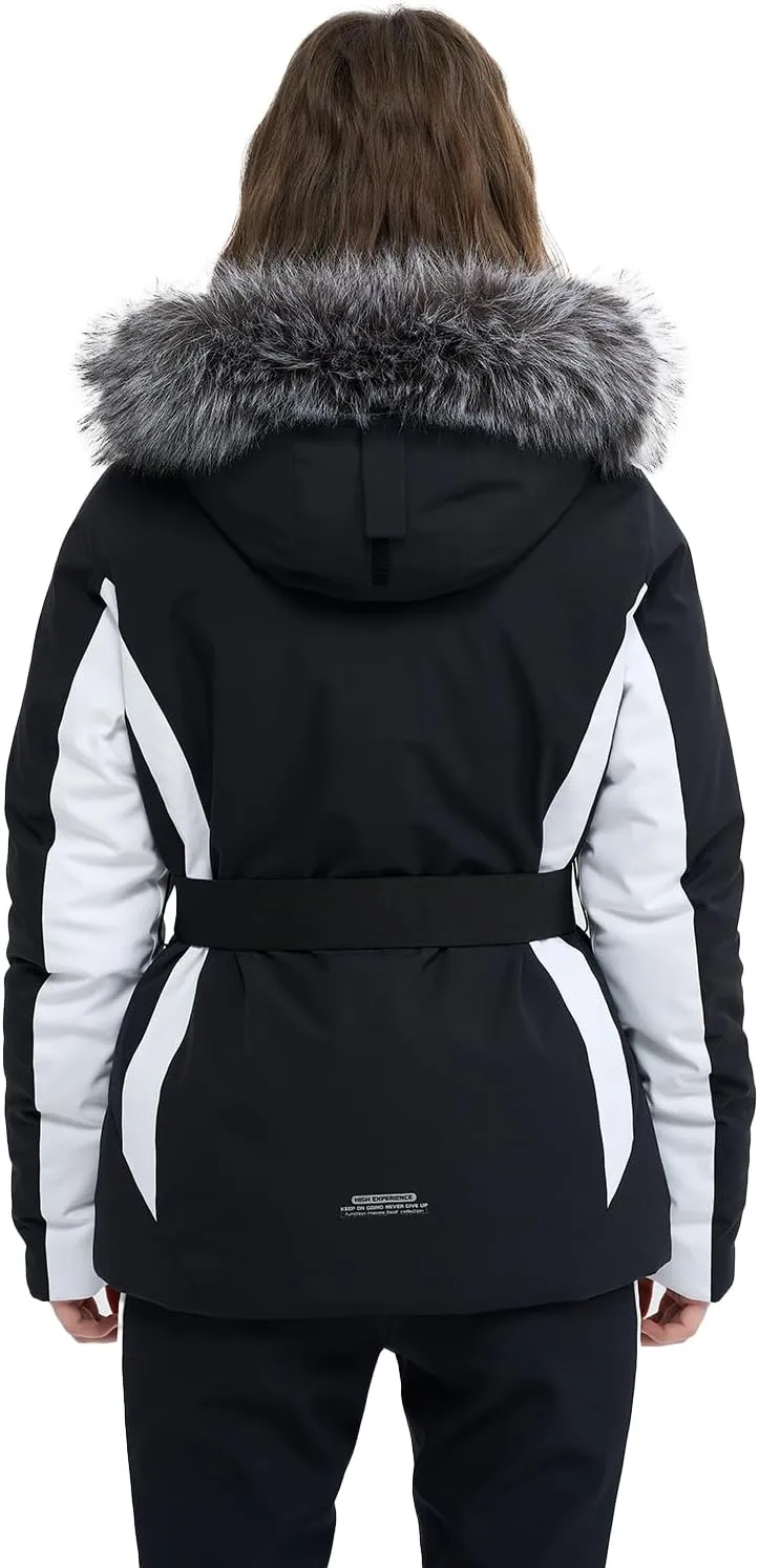 Women Ski Jacket Snowboard Fitted Slim Fit Short Snow Coat Belted Mountain Waterproof Insulated Warm Winter