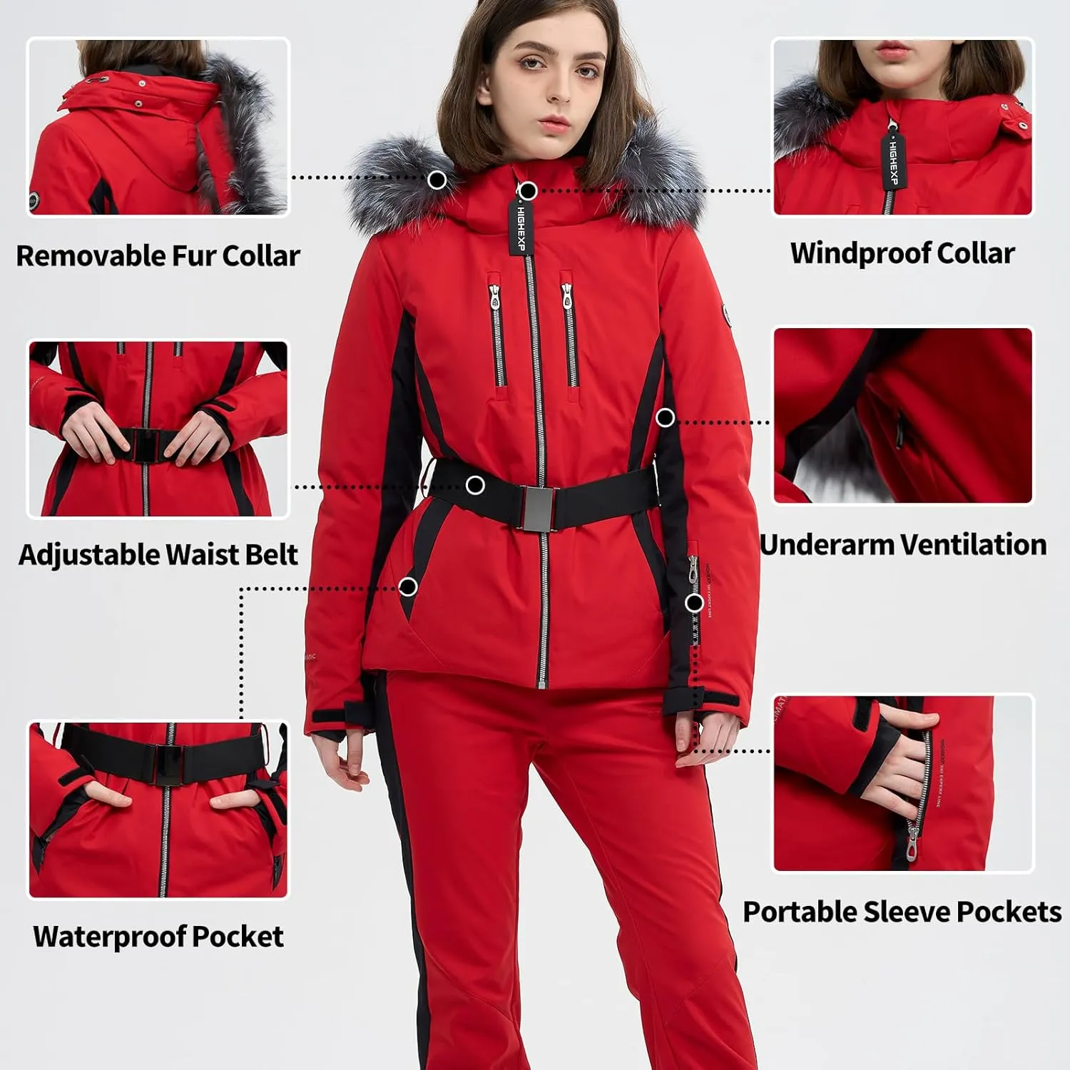 Women Ski Jacket Snowboard Fitted Slim Fit Short Snow Coat Belted Mountain Waterproof Insulated Warm Winter