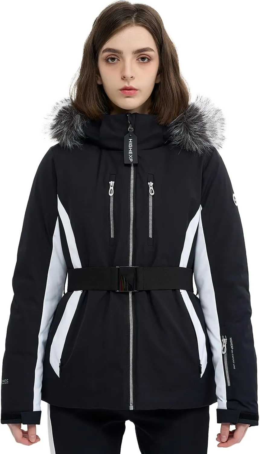 Women Ski Jacket Snowboard Fitted Slim Fit Short Snow Coat Belted Mountain Waterproof Insulated Warm Winter