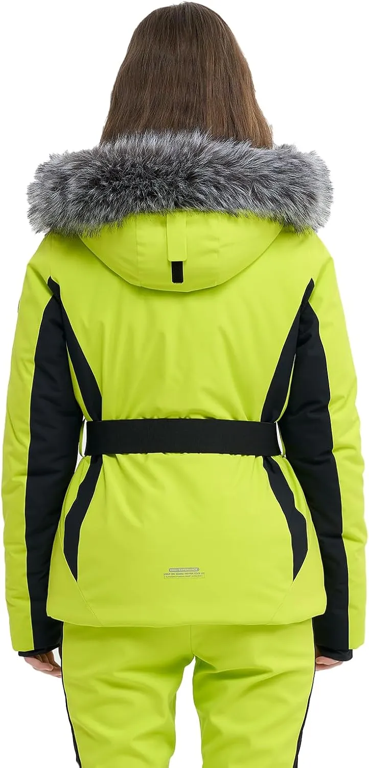 Women Ski Jacket Snowboard Fitted Slim Fit Short Snow Coat Belted Mountain Waterproof Insulated Warm Winter