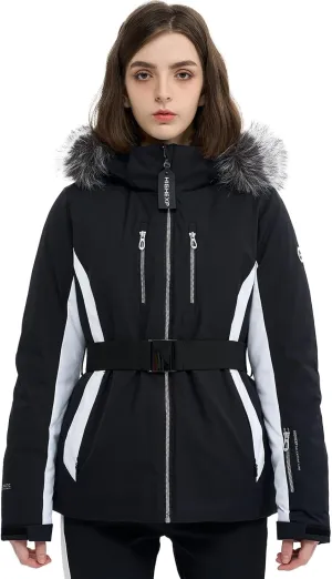 Women Ski Jacket Snowboard Fitted Slim Fit Short Snow Coat Belted Mountain Waterproof Insulated Warm Winter