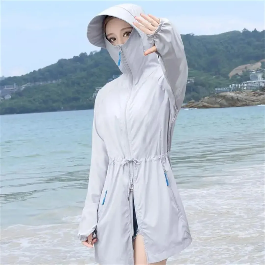 Women UV Sun Protection Clothes Hooded Loose Long Sunscreen Shirt Long Sleeve Ice Silk Breathable Jacket