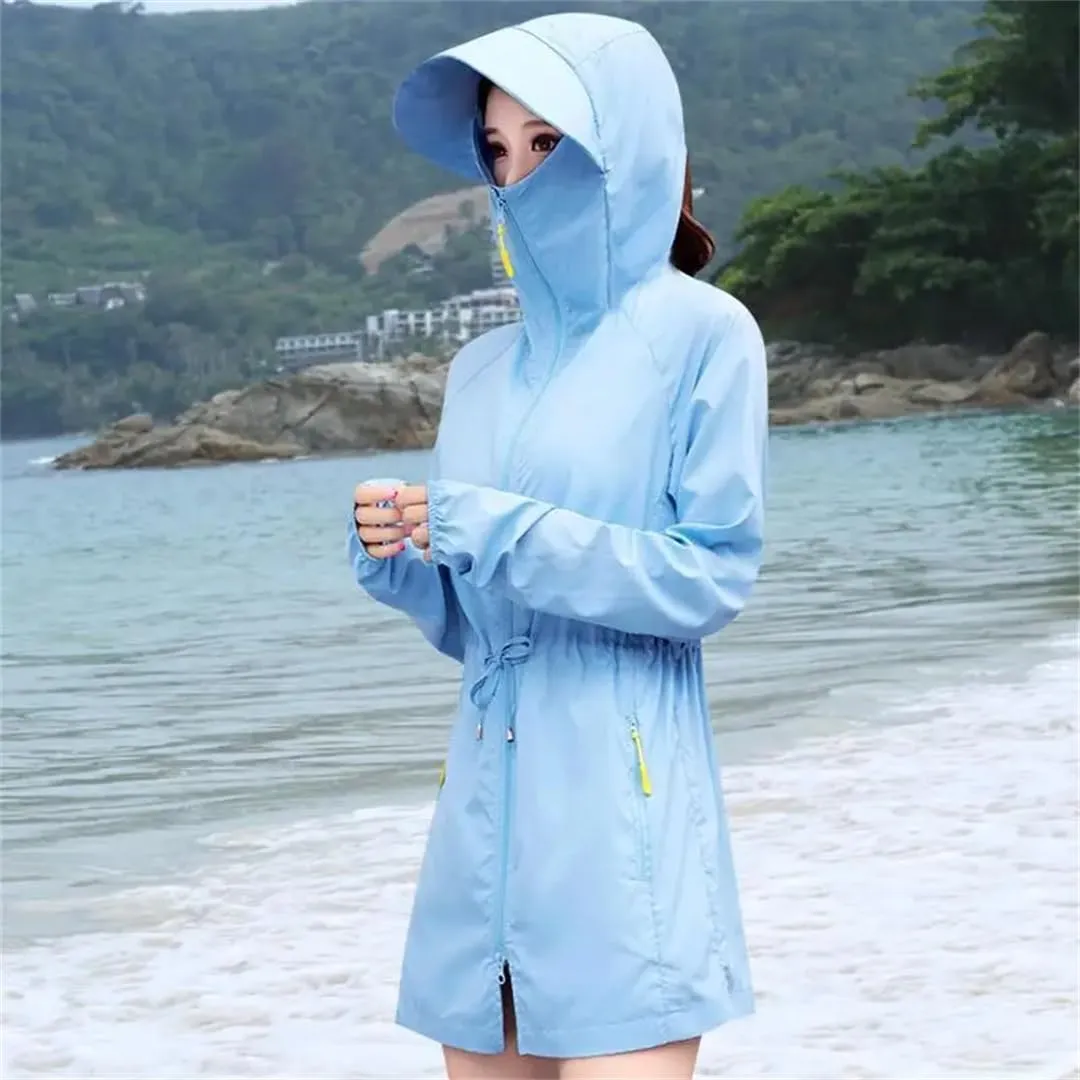 Women UV Sun Protection Clothes Hooded Loose Long Sunscreen Shirt Long Sleeve Ice Silk Breathable Jacket