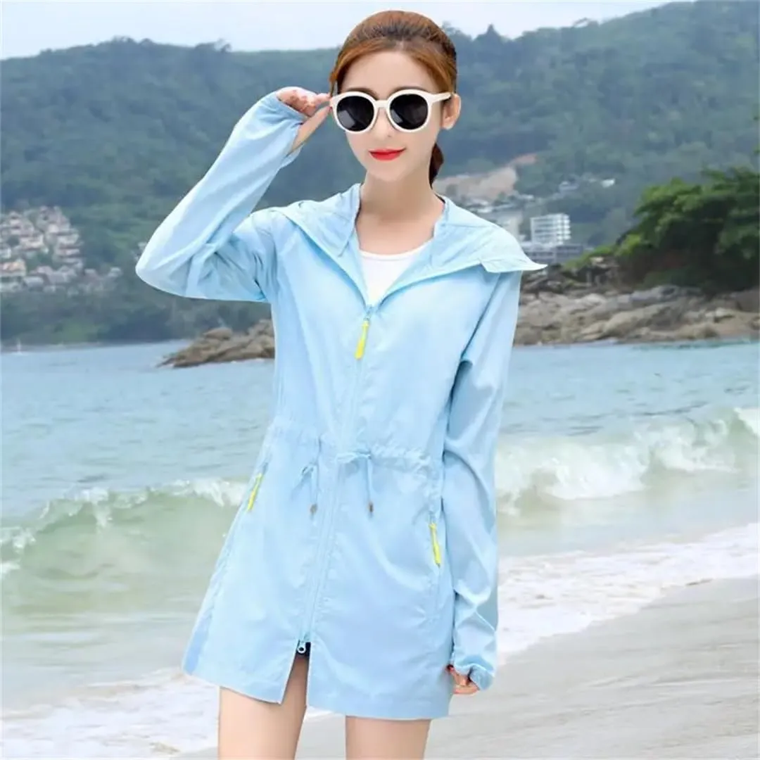 Women UV Sun Protection Clothes Hooded Loose Long Sunscreen Shirt Long Sleeve Ice Silk Breathable Jacket