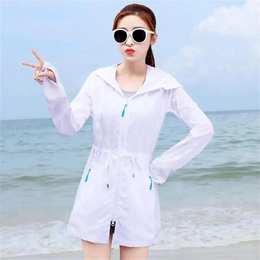 Women UV Sun Protection Clothes Hooded Loose Long Sunscreen Shirt Long Sleeve Ice Silk Breathable Jacket