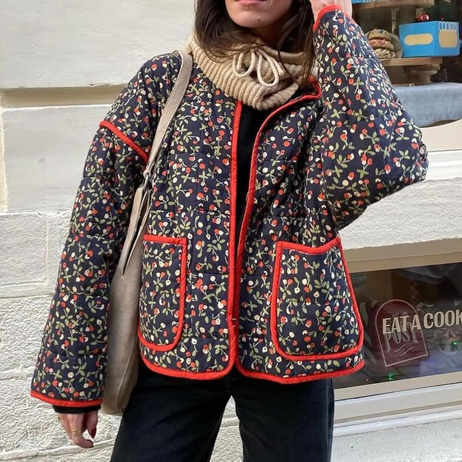 Women's Cropped Puffer Jacket Lightweight Floral Print Long Sleeve Padded Quilted Jackets Puffy Car