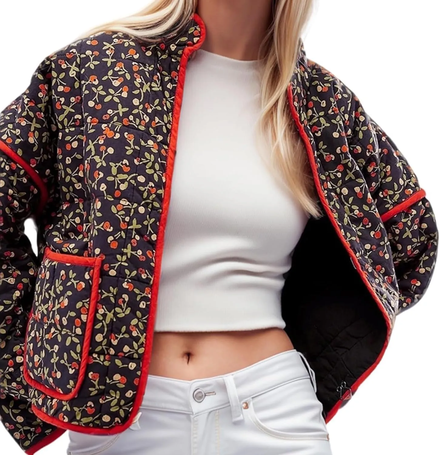 Women's Cropped Puffer Jacket Lightweight Floral Print Long Sleeve Padded Quilted Jackets Puffy Car