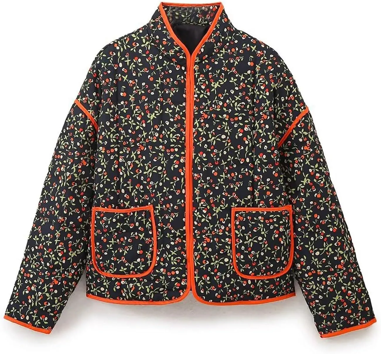 Women's Cropped Puffer Jacket Lightweight Floral Print Long Sleeve Padded Quilted Jackets Puffy Car