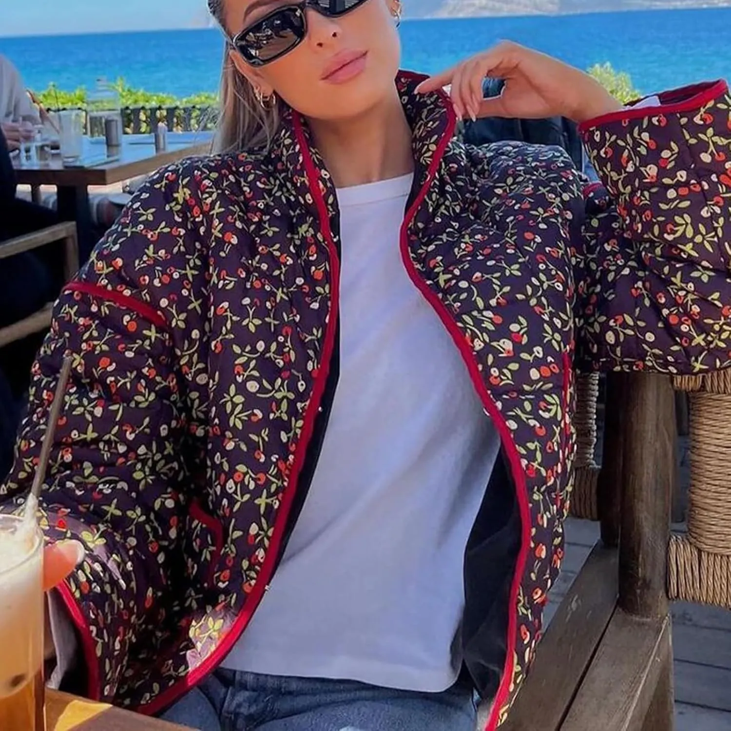 Women's Cropped Puffer Jacket Lightweight Floral Print Long Sleeve Padded Quilted Jackets Puffy Car