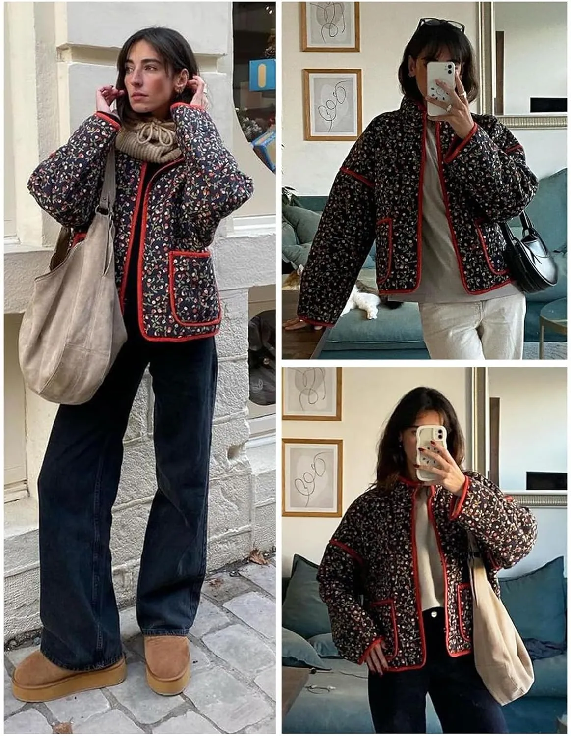 Women's Cropped Puffer Jacket Lightweight Floral Print Long Sleeve Padded Quilted Jackets Puffy Car