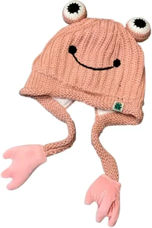Women's Cute Frog Hat Crochet Knitted Winter Ear Protective Beanie Hat Big Eye Outdoors Autumn Cap