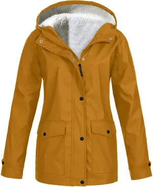 Women's Fleece Lined Rain Jacket Lightweight Waterproof Rain Jackets Casual Zip Hooded Hiking Travel Trench Coats