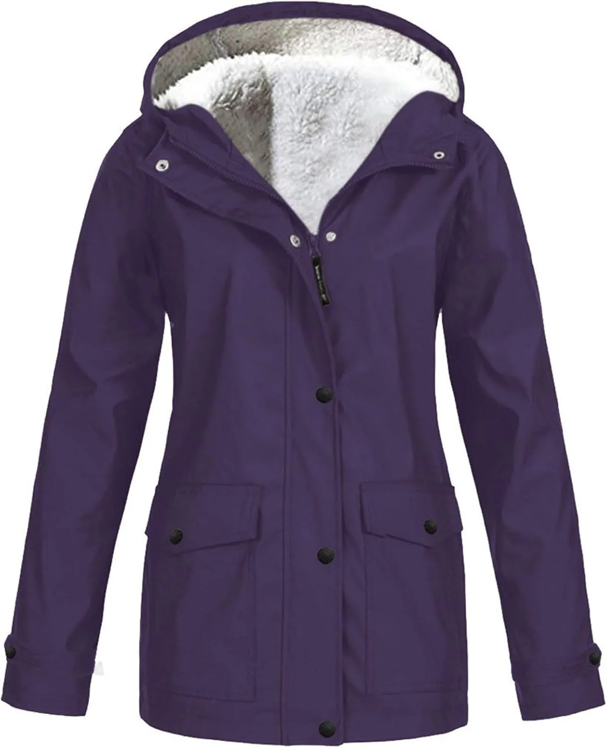 Women's Fleece Lined Rain Jacket Lightweight Waterproof Rain Jackets Casual Zip Hooded Hiking Travel Trench Coats