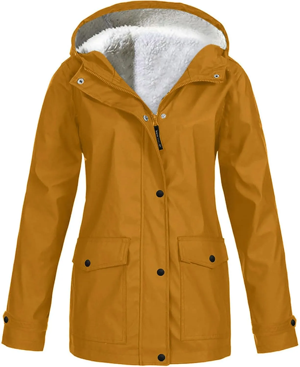 Women's Fleece Lined Rain Jacket Lightweight Waterproof Rain Jackets Casual Zip Hooded Hiking Travel Trench Coats