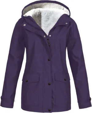 Women's Fleece Lined Rain Jacket Lightweight Waterproof Rain Jackets Casual Zip Hooded Hiking Travel Trench Coats
