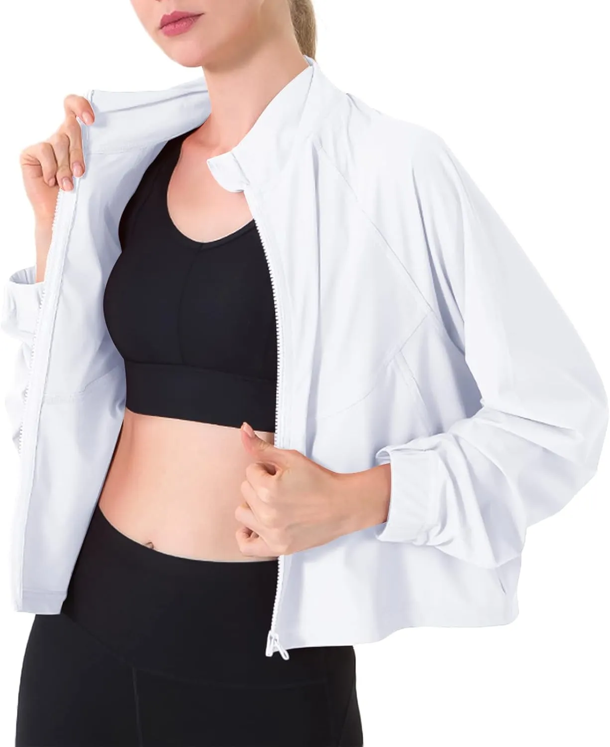 Women's Full Zip Lightweight Jacket Workout High Neck Sun Protection 50  Running Sports Crop Track Top